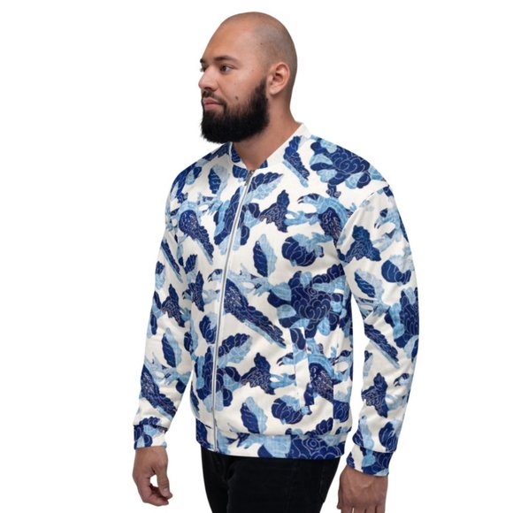Bird And Flower Pattern Blue White Motif Bomber Jackets. - Picture 1 of 6